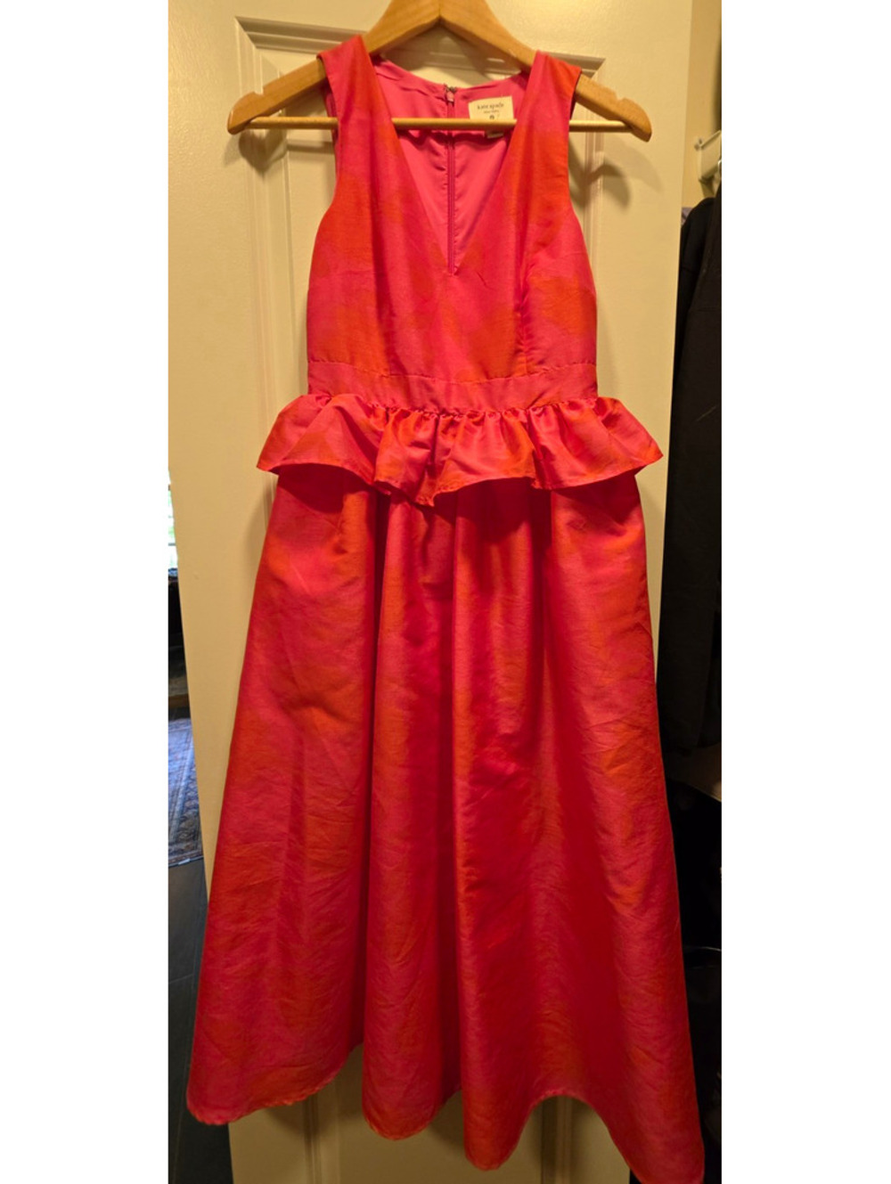 Kate Spade New York Pink Orange Floral V-Neck Ruffle A-Line Midi Dress 0